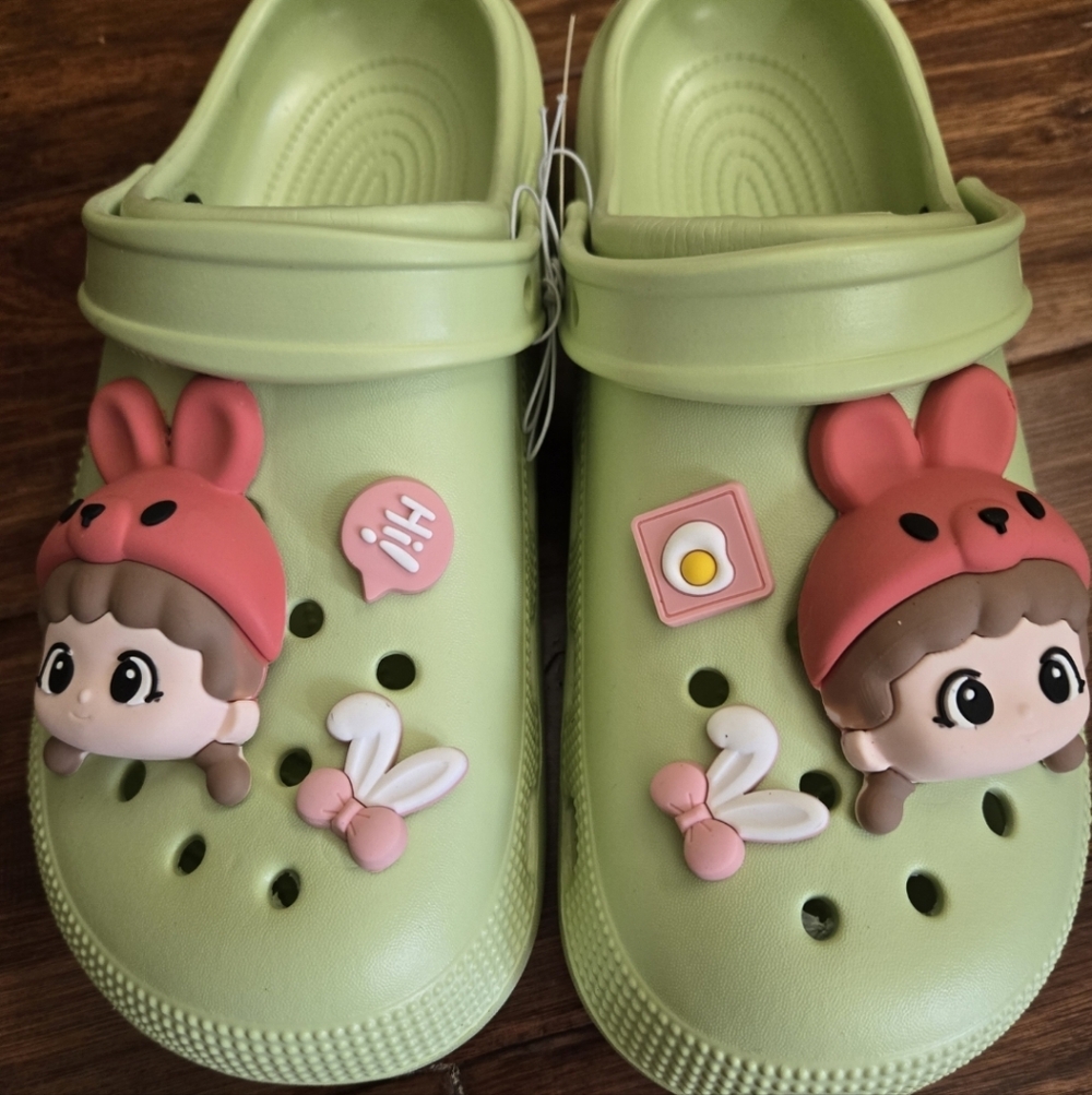 Adults Size Green Clogs with Cute Character Design. Very Comfortable